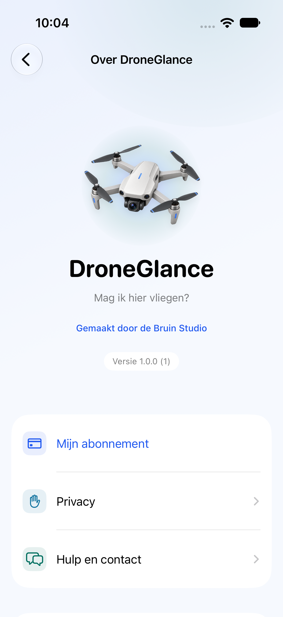 Over DroneGlance in de native app, met de eigen drone-illustratie, versie 1.0.0 en toegang tot abonnement, privacy en hulp van de Bruin Studio.