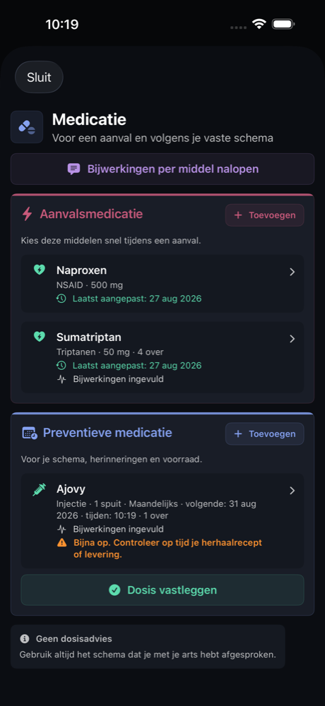 Medicatie beheren in MigraineMaatje